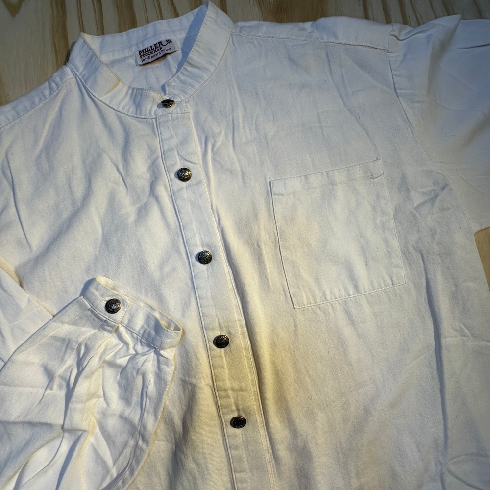 Miller Stockman Mens White Western Banded Collar Shirt Buffalo Nickel Buttons XL